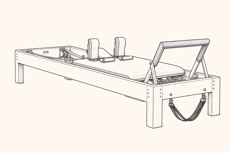 Illustration of a Pilates reformer: a sliding carriage on a wood frame with footbar, straps, and shoulder rests.