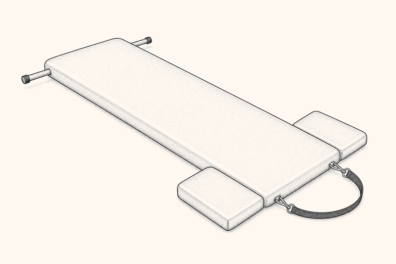 Illustration of a Pilates high mat: a thick padded freestanding mat with attached straps.