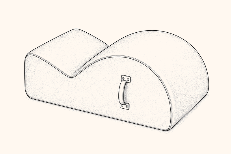 Illustration of a Spine Corrector: a low curved barrel joined to a flat upholstered step, with side handles.