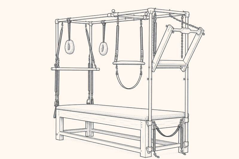 Illustration of a Cadillac: a raised padded table with an overhead frame strung with springs, a push-through bar, trapeze, and roll-down bar.