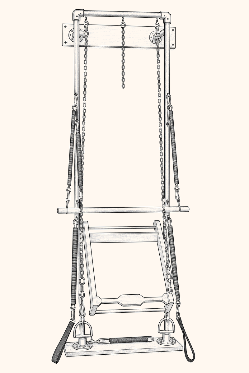 Illustration of a Studio Wall Unit: a vertical frame anchored to the wall and floor with push-through bar, springs, and roll-down bar.