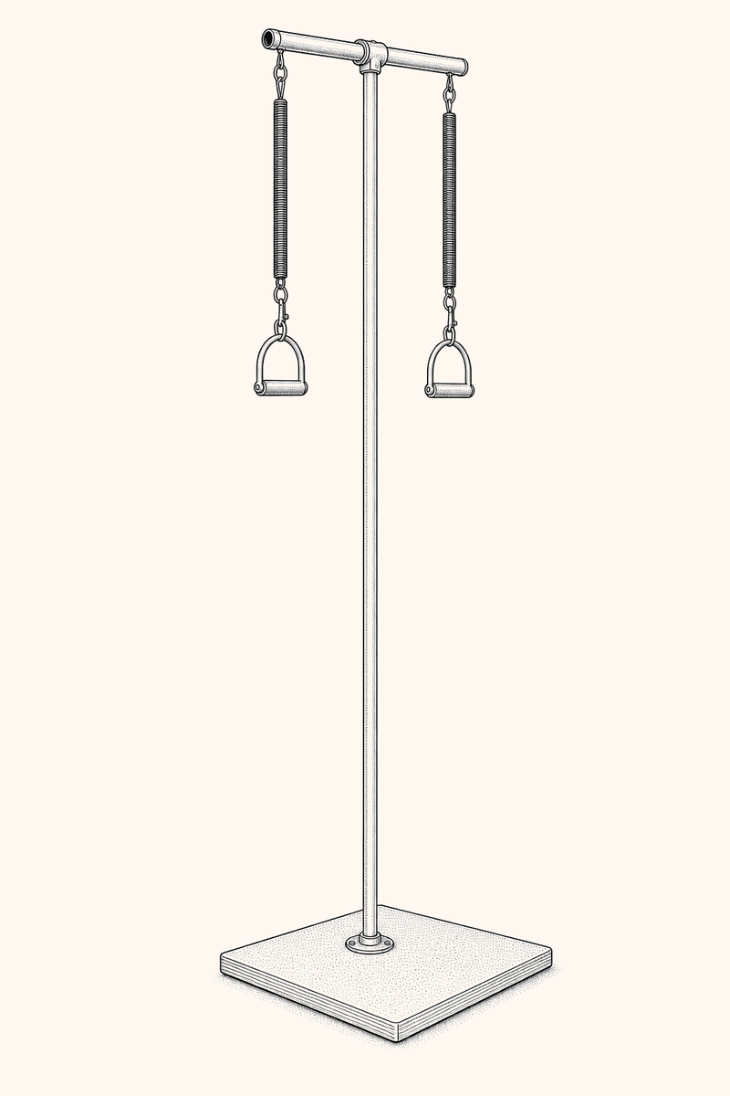 Illustration of a Pedi Pole: a vertical pole on a small square base, with two springs and handles at shoulder height.