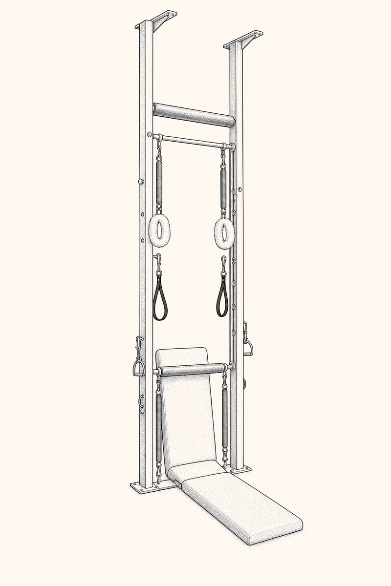 Illustration of a Guillotine Tower: two tall vertical posts framing a horizontal sliding bar that drops and rises on springs.