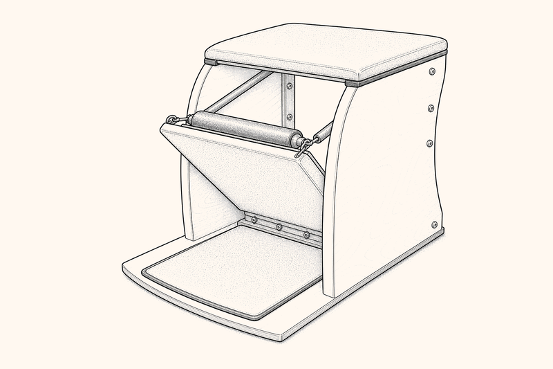 Illustration of a Wunda Chair: a low padded seat with a hinged, spring-loaded pedal.