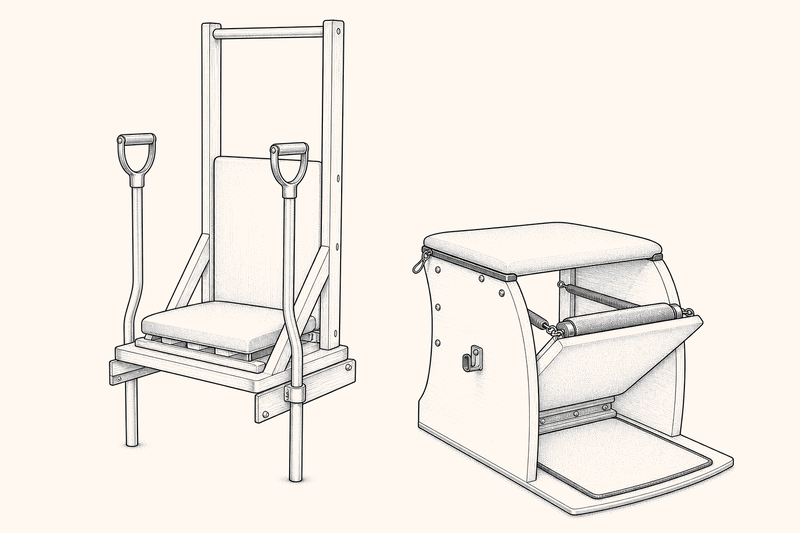 Illustration of a Combo Chair: a single chair frame with a spring-loaded pedal and a removable high back with side handles.