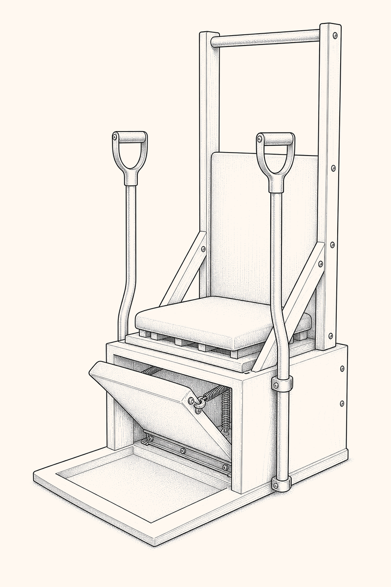 Illustration of an Electric High Chair: a taller, freestanding chair with a high upholstered back, two side handles, and a spring-loaded pedal at the base.